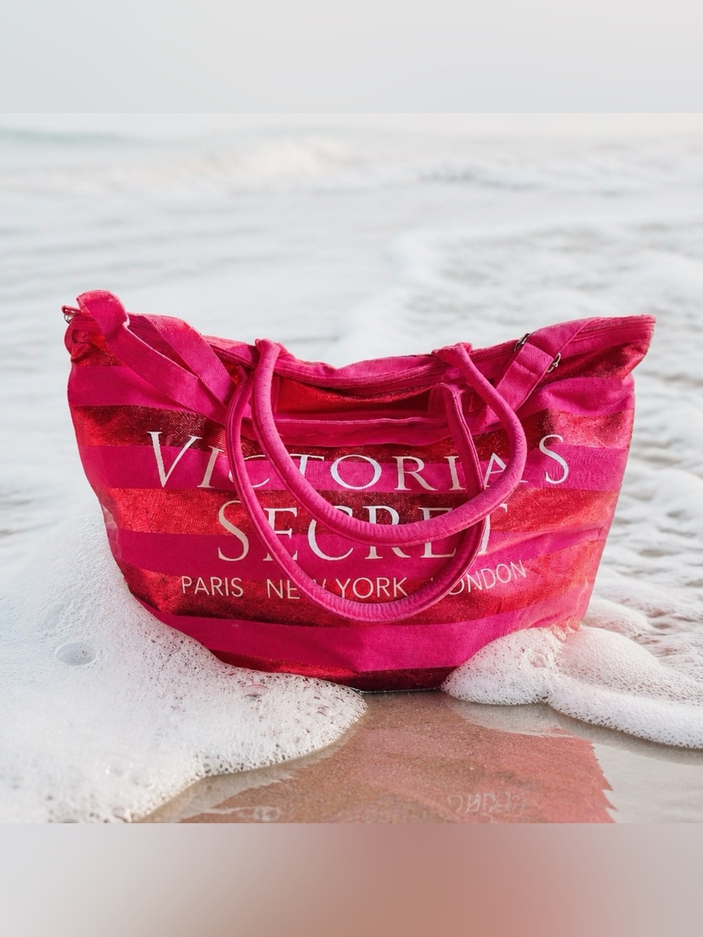 Victoria's Secret Bright Pink Striped Tote Bag